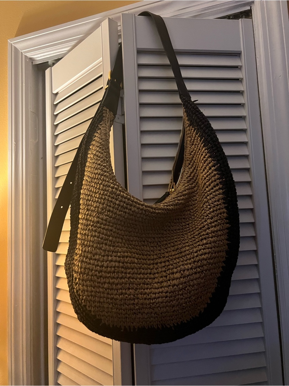 Madewell Woven Straw Shoulder Bag in Tan with Black Trim